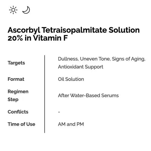 THE ORDINARY - (Vit C) Ascorbyl Tetraisopalmitate Solution 20% In Vitamin F
Alta potencia en vitamina F - 30ML